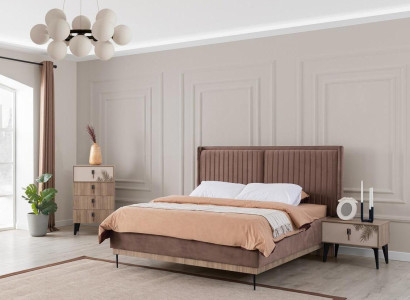 Braunes Schlafzimmer Doppelbett Designer Holz Moderne 2x Nachttische